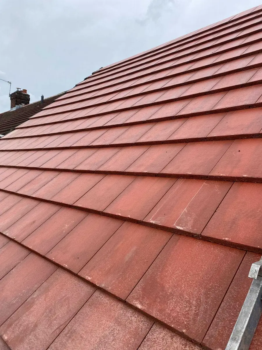 Red tiled roof slope with neat coursing