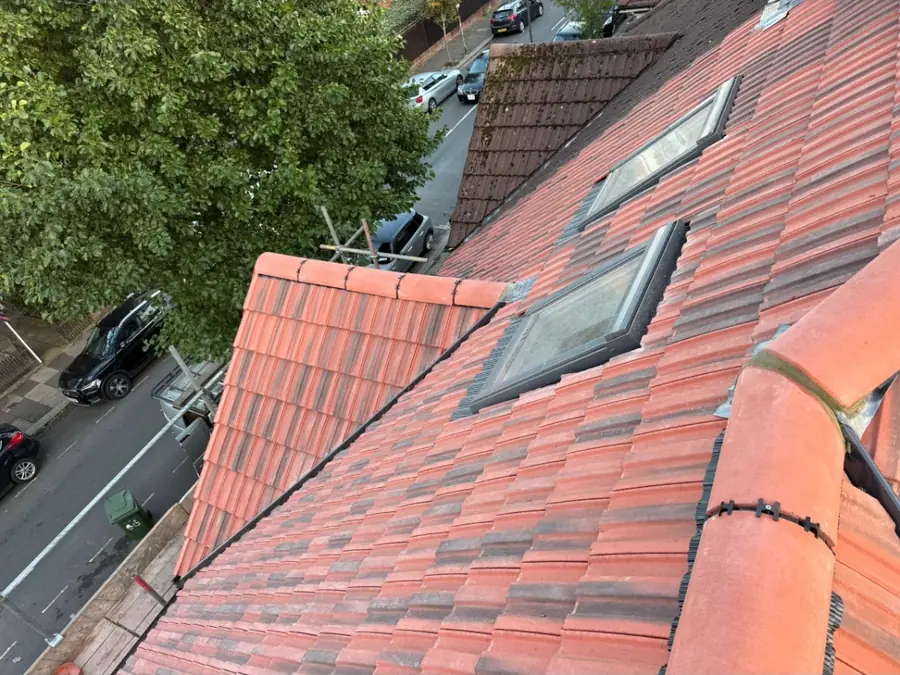 Red tiled roof with two roof windows and a hip, trees behind